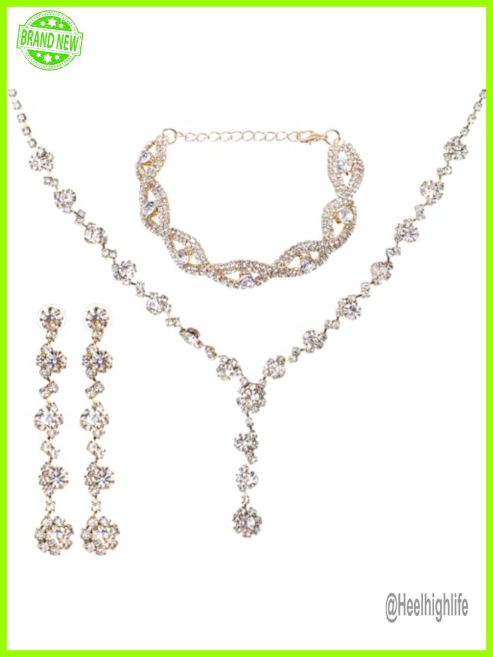 Rhinestone Copper Jewelry Set Necklace Earrings Bracelet